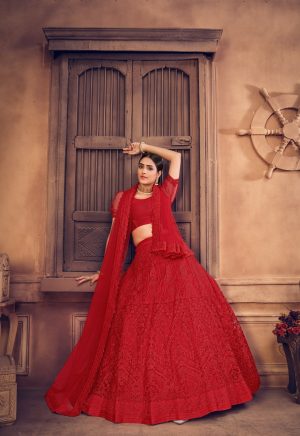 Red Net Designer Lehenga