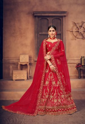 Red Taffeta Silk Lehenga Choli