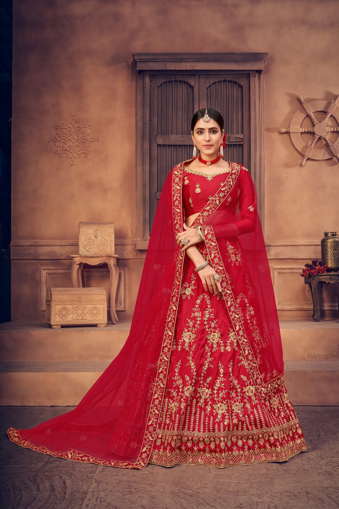 Red Taffeta Silk Lehenga Choli