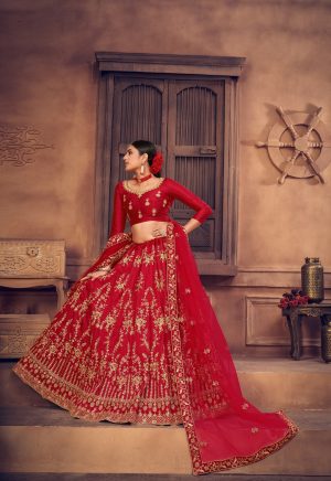 Red Taffeta Silk Lehenga Choli