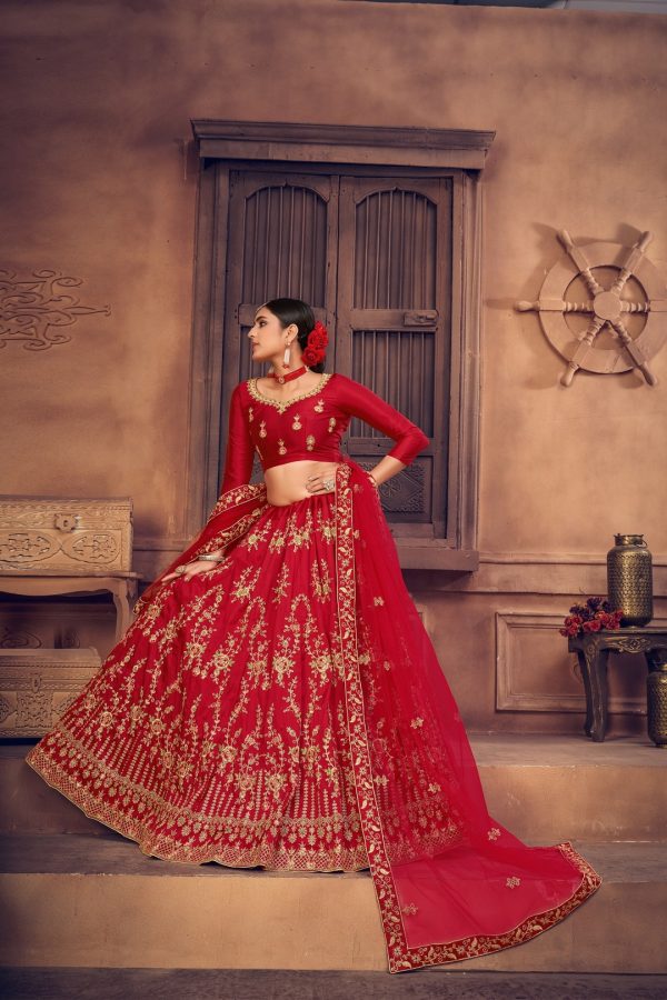 Red Taffeta Silk Lehenga Choli