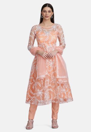 Embroidered Peach Net Anarkali Suit