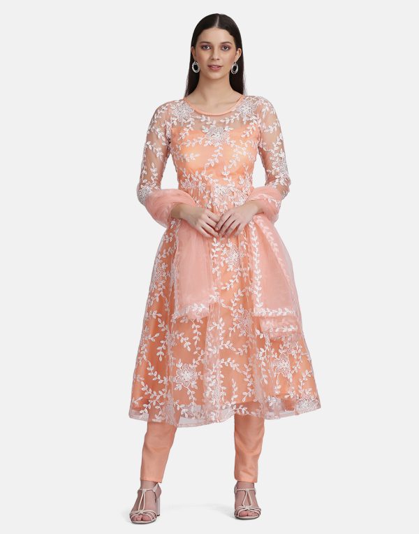 Embroidered Peach Net Anarkali Suit