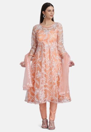 Embroidered Peach Net Anarkali Suit