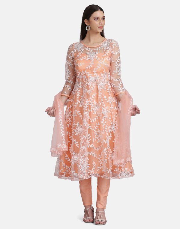 Embroidered Peach Net Anarkali Suit