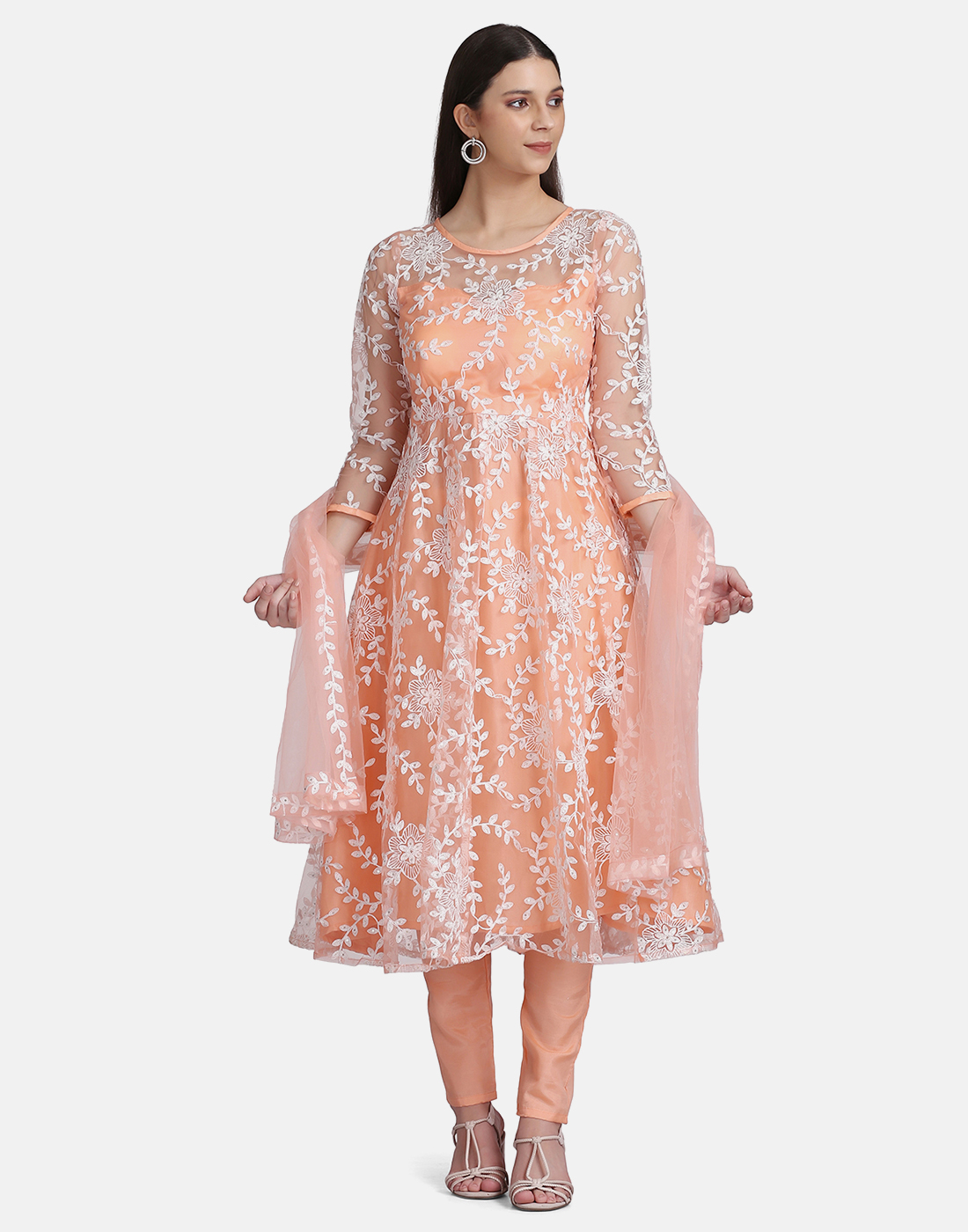 Embroidered Peach Net Anarkali Suit