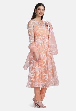 Embroidered Peach Net Anarkali Suit