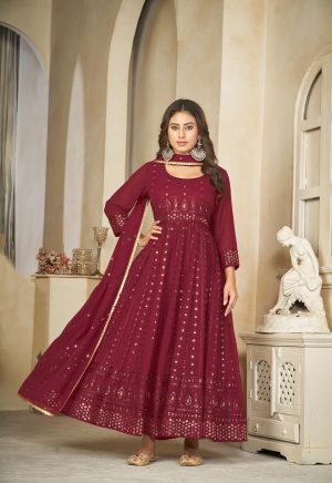 Georgette Maroon Anarkali Suit