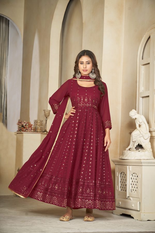 Georgette Maroon Anarkali Suit