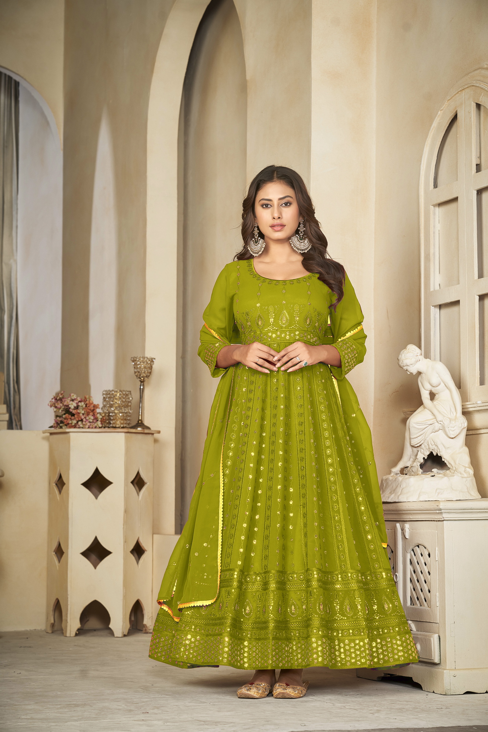 Georgette Mehndi Anarkali Suit