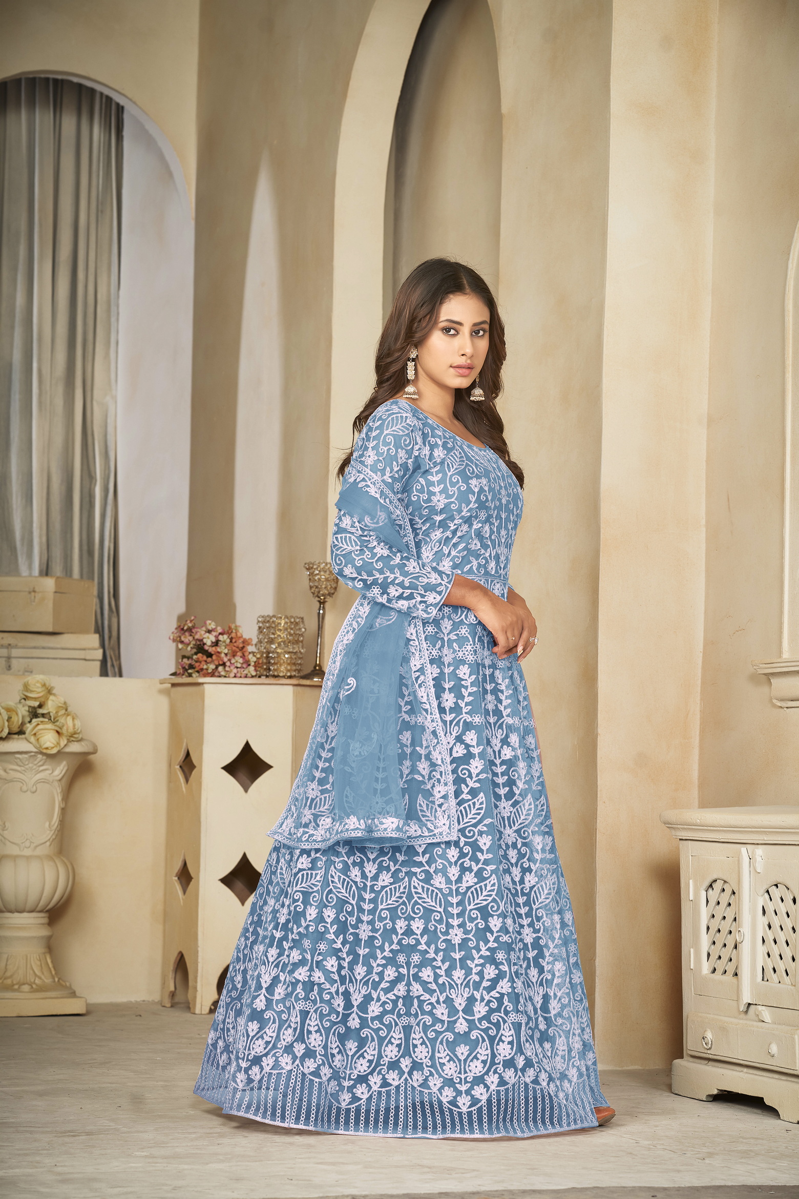 Net Sky Anarkali Suit