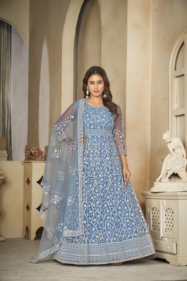 Embroidered Sky Anarkali Suit