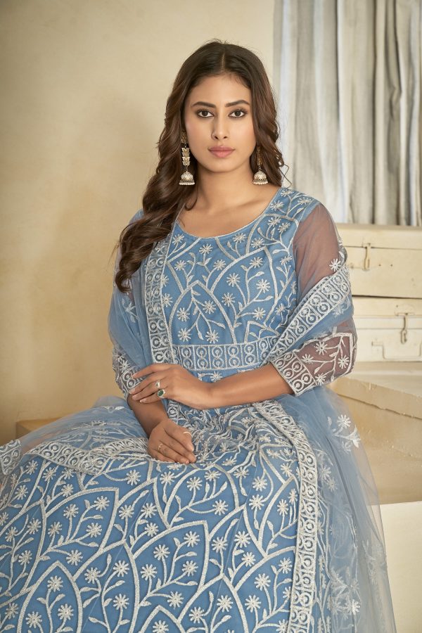 Embroidered Sky Anarkali Suit