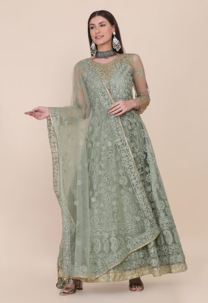 Net Embroidered Pista Anarkali Suit