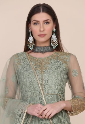 Net Embroidered Pista Anarkali Suit