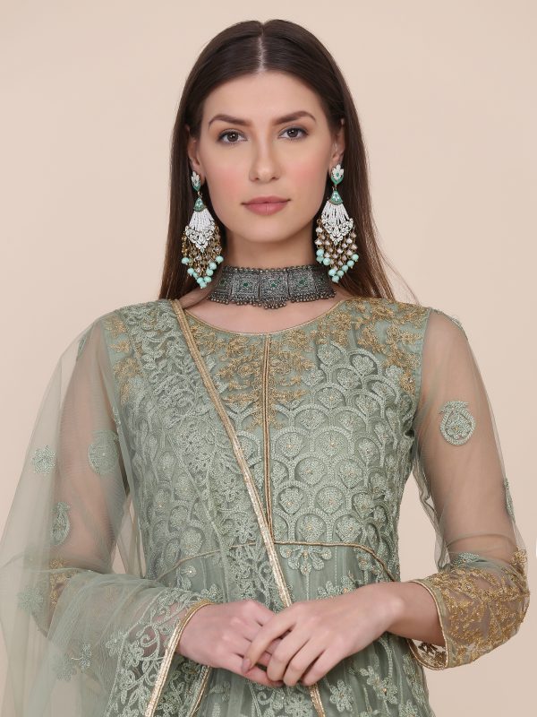 Net Embroidered Pista Anarkali Suit