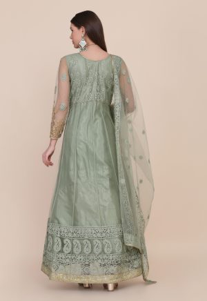 Net Embroidered Pista Anarkali Suit