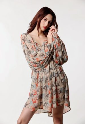 Leaf Printed Georgette Beige Charmming Dress - Image 3