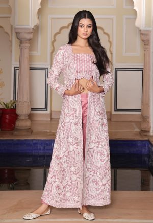 Adorable Peach Rangoli Silk & Crepe Ensemble with Exquisite Embroidery - Image 1