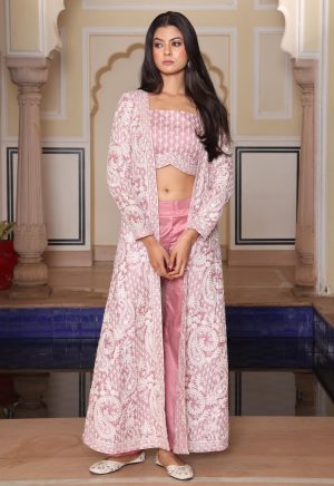 Adorable Peach Rangoli Silk & Crepe Ensemble with Exquisite Embroidery - Image 2