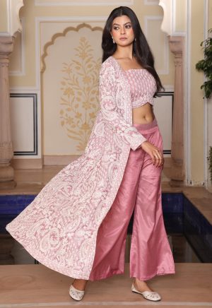 Adorable Peach Rangoli Silk & Crepe Ensemble with Exquisite Embroidery - Image 4