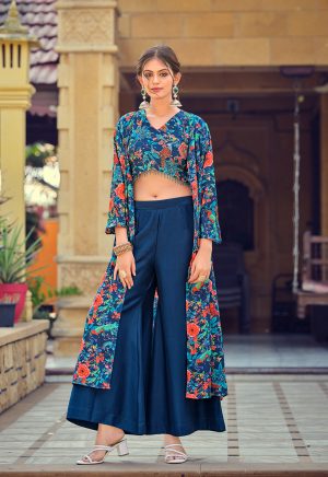 Amazing Teal Silk & Cotton Ensemble with Exquisite Hand & Print Work - Image 1