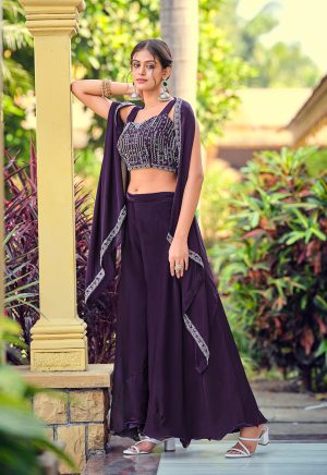 Rich Purple Satin Silk Ensemble with Exquisite Handwork Detailing - Image 1