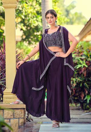 Rich Purple Satin Silk Ensemble with Exquisite Handwork Detailing - Image 2