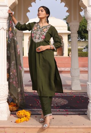 Attractive Mahendi Color Kurti with Hand Work & Floral Print - Image 3