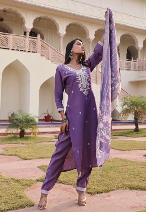 Lovely Dark Purple Simmer Silk Kurti with Embroidery Work - Image 4