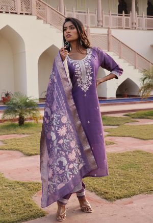 Lovely Dark Purple Simmer Silk Kurti with Embroidery Work - Image 3