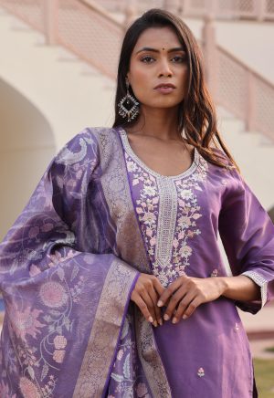 Lovely Dark Purple Simmer Silk Kurti with Embroidery Work - Image 5