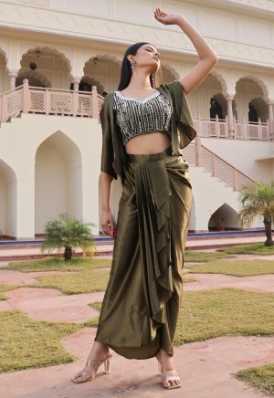 Charming Mehndi Green Indo-Western Satin Silk Ensemble with Exquisite Hand Work Detailing - Image 4