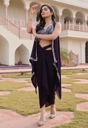 Stunning Purple Indo-Western Satin Silk Ensemble with Exquisite Hand Work - Image 1