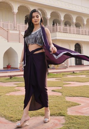 Stunning Purple Indo-Western Satin Silk Ensemble with Exquisite Hand Work - Image 2