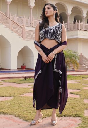 Stunning Purple Indo-Western Satin Silk Ensemble with Exquisite Hand Work - Image 3