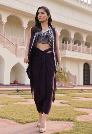 Stunning Purple Indo-Western Satin Silk Ensemble with Exquisite Hand Work - Image 4