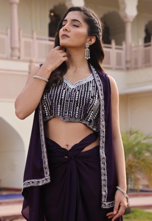 Stunning Purple Indo-Western Satin Silk Ensemble with Exquisite Hand Work - Image 5