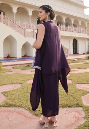 Stunning Purple Indo-Western Satin Silk Ensemble with Exquisite Hand Work - Image 6