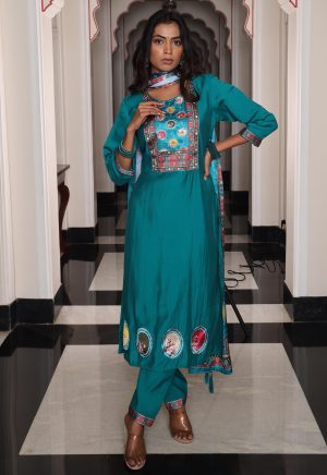 Dashing Teal Viscose Simmer Silk Kurti with Elegant Hand Work - Image 4