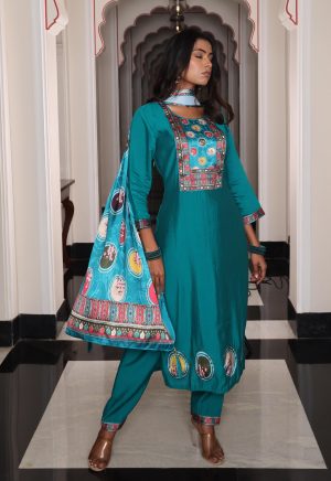 Dashing Teal Viscose Simmer Silk Kurti with Elegant Hand Work - Image 3