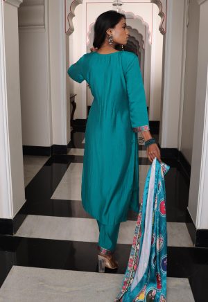 Dashing Teal Viscose Simmer Silk Kurti with Elegant Hand Work - Image 6