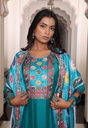 Dashing Teal Viscose Simmer Silk Kurti with Elegant Hand Work - Image 5