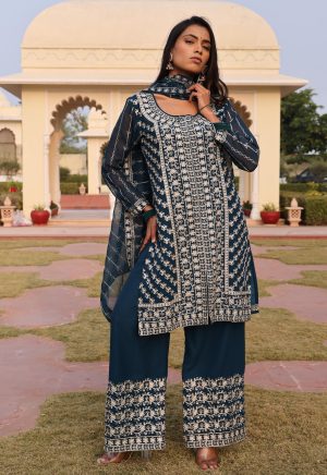 Charming Teal Georgette Kurti with Exquisite Embroidery Work - Image 5