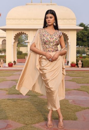 Majestic Beige Satin Silk Indo-Western Ensemble with Exquisite Hand Work - Image 1