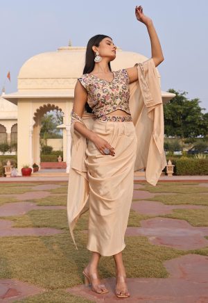 Majestic Beige Satin Silk Indo-Western Ensemble with Exquisite Hand Work - Image 4