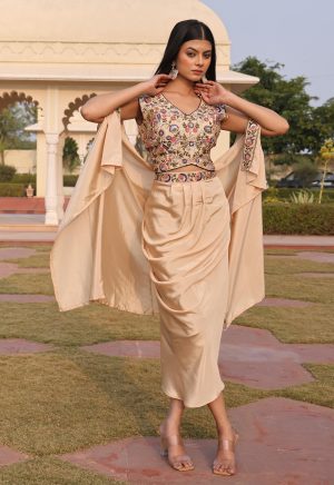 Majestic Beige Satin Silk Indo-Western Ensemble with Exquisite Hand Work - Image 6