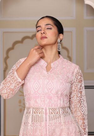 Glorious Peach Net & Santoon Ensemble with Exquisite Embroidery Work - Image 4