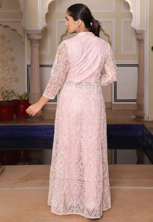 Glorious Peach Net & Santoon Ensemble with Exquisite Embroidery Work - Image 5