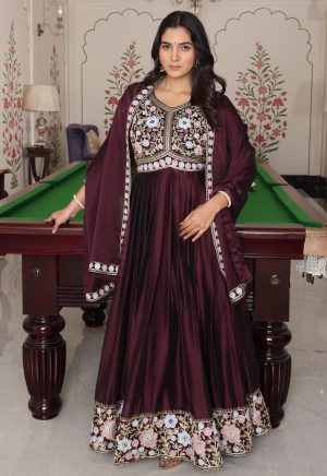 Coffee Color Anarkali Suit in Rangoli Silk with Embroidery Work - Image 2